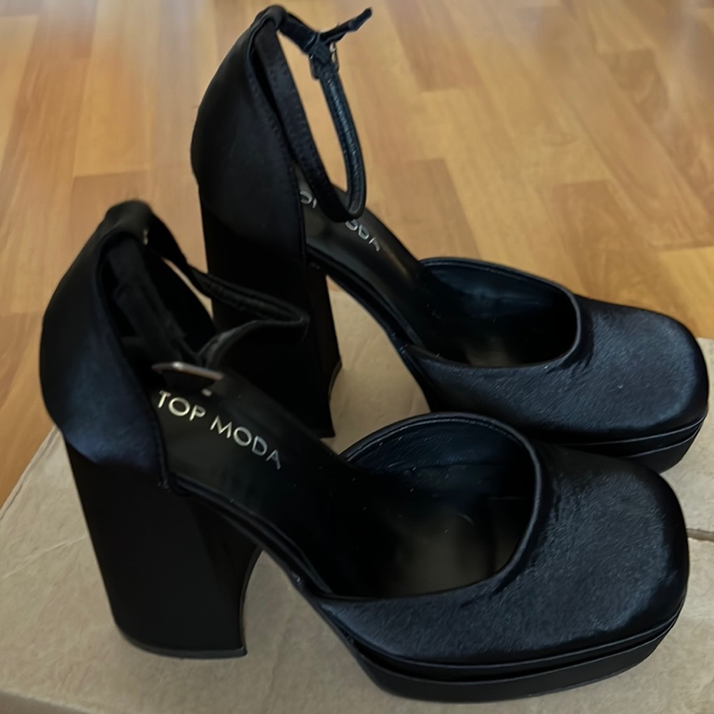 Satin Ankle Strap Double Platform Block Heel Pumps